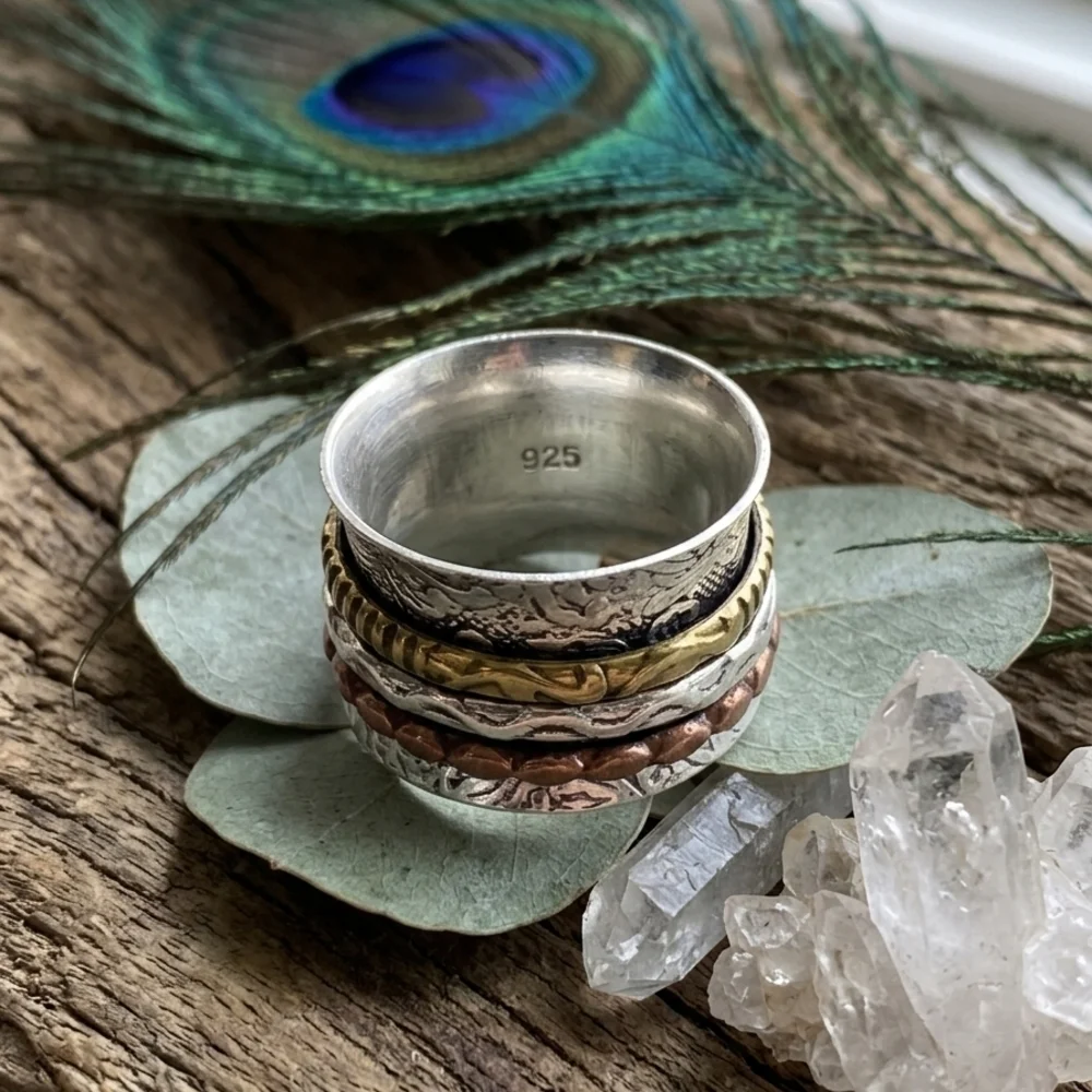 925 Sterling Silver Spinner Ring Brass Copper Mixed Metal Meditation Boho Sz 7.5